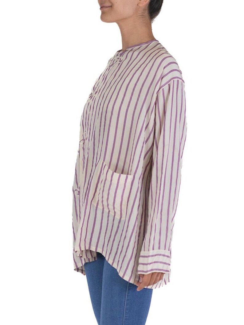 Victorian White Lavender Silk Striped Antique Pajama Top image 2