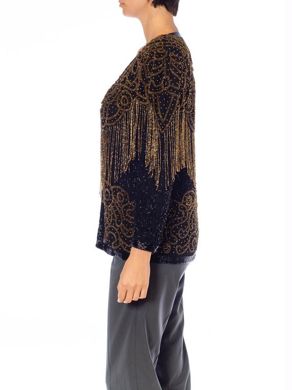 1980S Black  Gold Silk Beaded Fringe Jacket - image 2