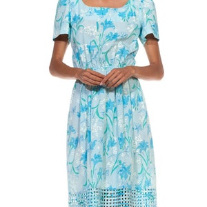 1980S Lilly Pulitzer Light Blue Floral Print Cotton Basket Weave Hem Dress With Elastic Waist image 3