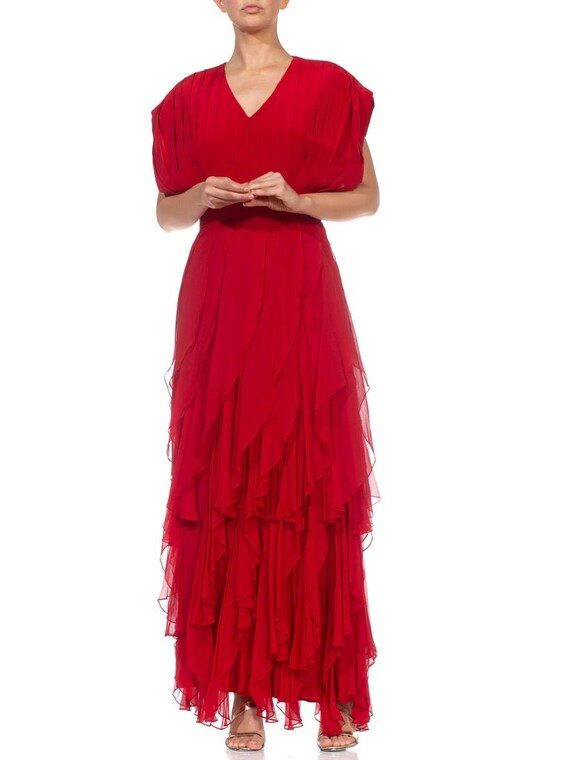 1980S Red Silk Chiffon Pleated Bodice Gown With B… - image 7