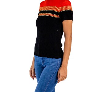 1940S Black Red Rayon Hand Knit Top With Metallic Gold Details image 2