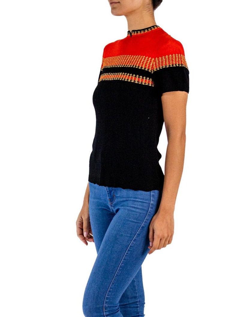 1940S Black Red Rayon Hand Knit Top With Metallic Gold Details image 2