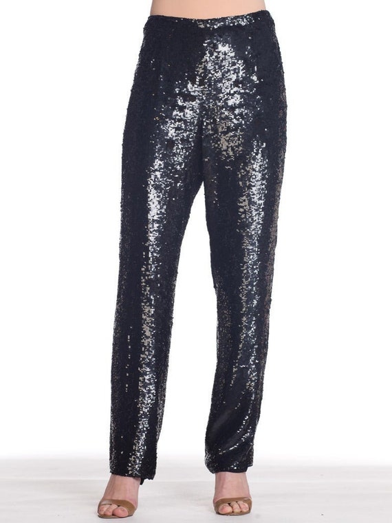 1990S Black Sequined Silk Chiffon Wide Leg Evening