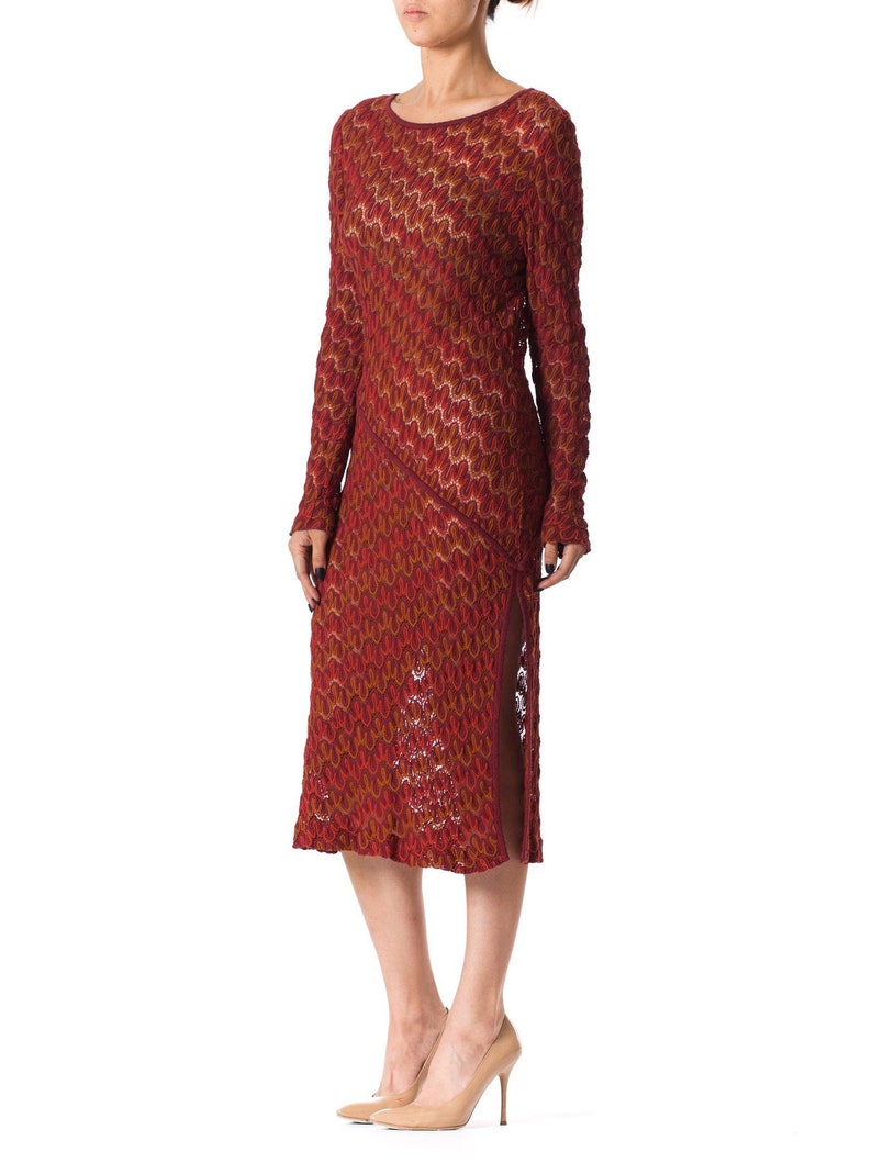 1970S MISSONI KNIT Style Burgundy Silk Long Sleeve Dress With Side Slit image 2