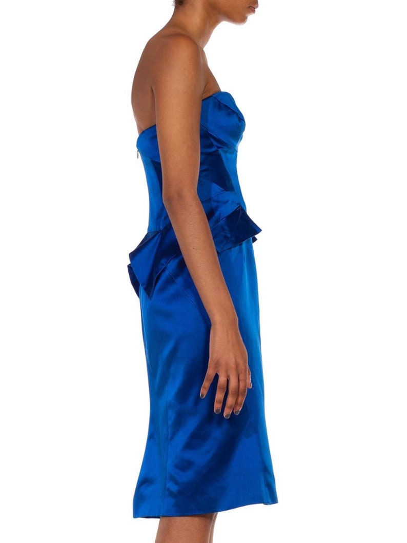 2000S Zac Posen Electric Blue Silk Duchess Satin Strapless Cocktail Dress image 4