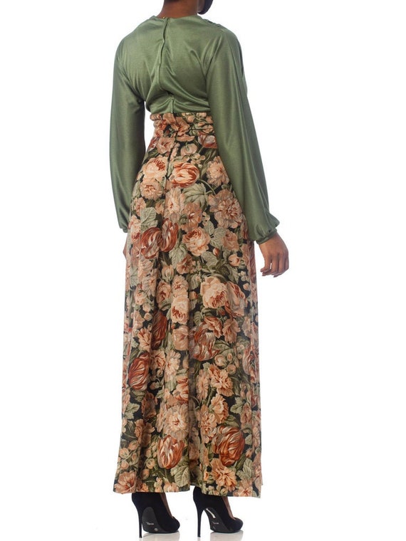 1970S Olive Green Floral Polyester Maxi Dress Wit… - image 6