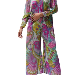 1970S Multicolor Peacock Print Jumpsuit afbeelding 1