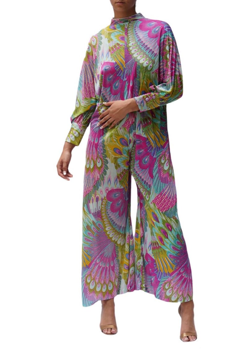 1970S Multicolor Peacock Print Jumpsuit afbeelding 1