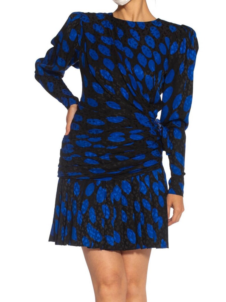 1980S Givenchy Black Blue Haute Couture Silk Jacquard Draped Cocktail Dress With Sleeves image 2