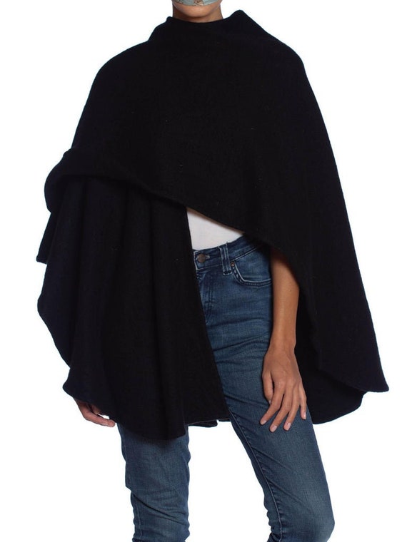 1990S Black Cashmere Knit Minimal Cape Shawl