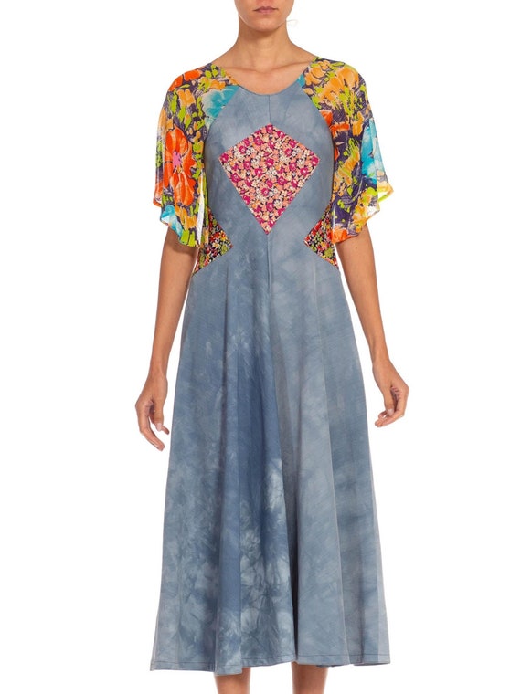 1970S Light Blue Green Polyester Floral Mix Matched Dress 1970S Light Blue Green Polyester Floral Mix Matched Dress