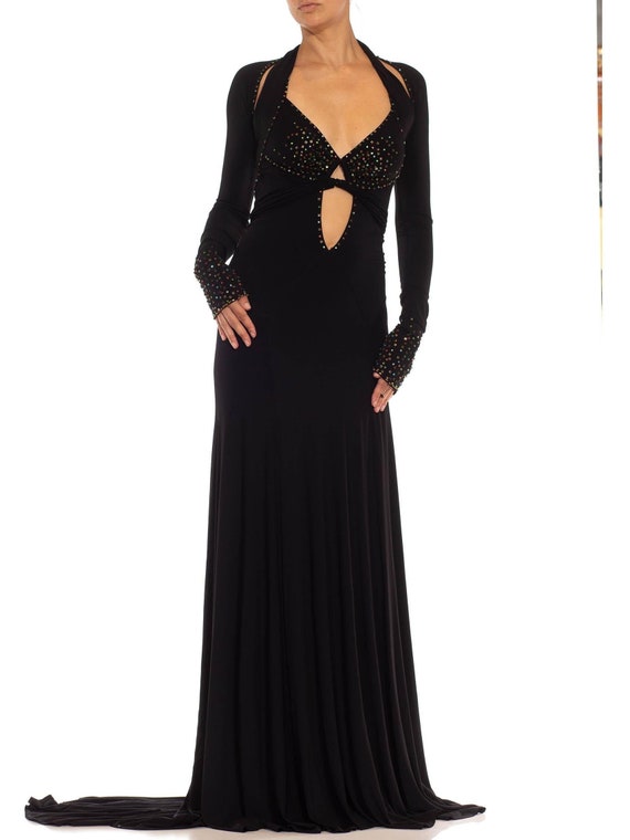 1990S Black Jersey Sexy Slinky Rhinestone Halter Neck Gown With Arm Sleeve  Piece - Etsy