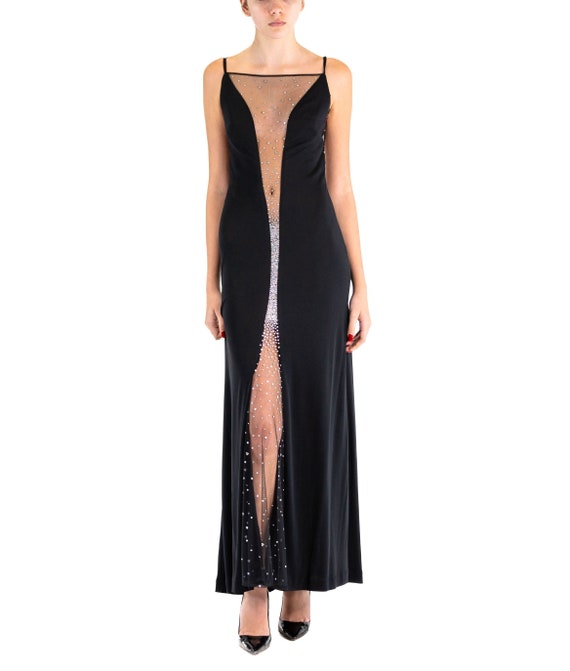 1990S JIKI Black Slinky Rayon Deep V Gown With Cr… - image 1