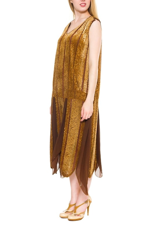 1920S Caramel Brown Silk Burnout Velvet  & Chiffo… - image 2