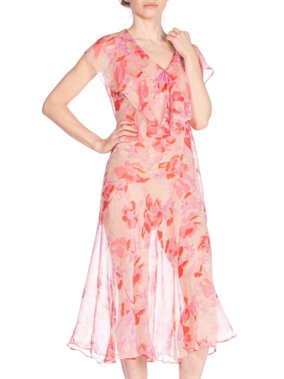 1920S Silk Chiffon Pink Floral Drop Waist Day Dres