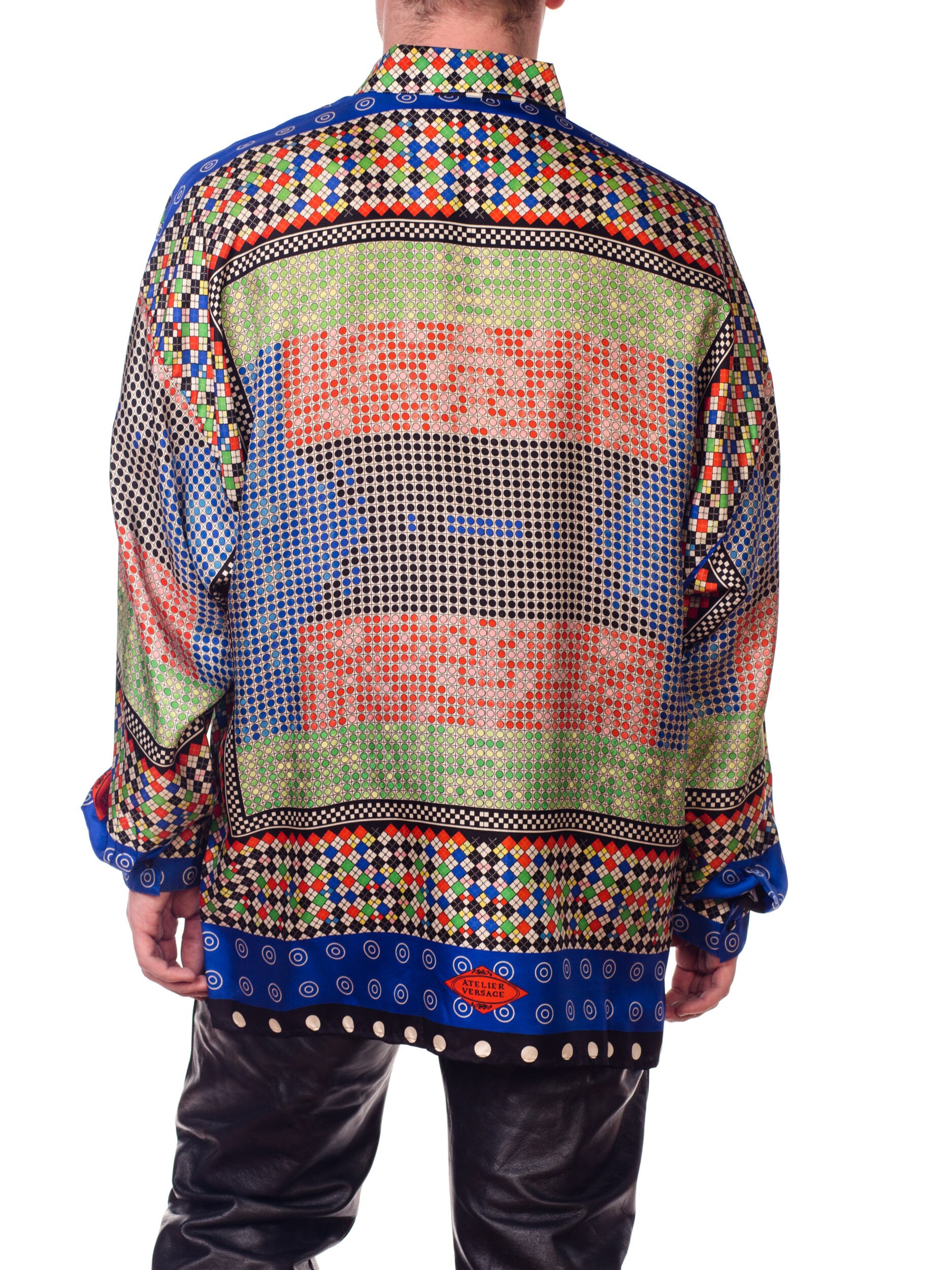 1990S GIANNI VERSACE Multicolor Geometric Silk Men's Shirt Sz 52