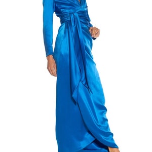1980S Givenchy Electric Blue Haute Couture Silk Double Faced Satin Sleeved Gown With Slit Sash image 5
