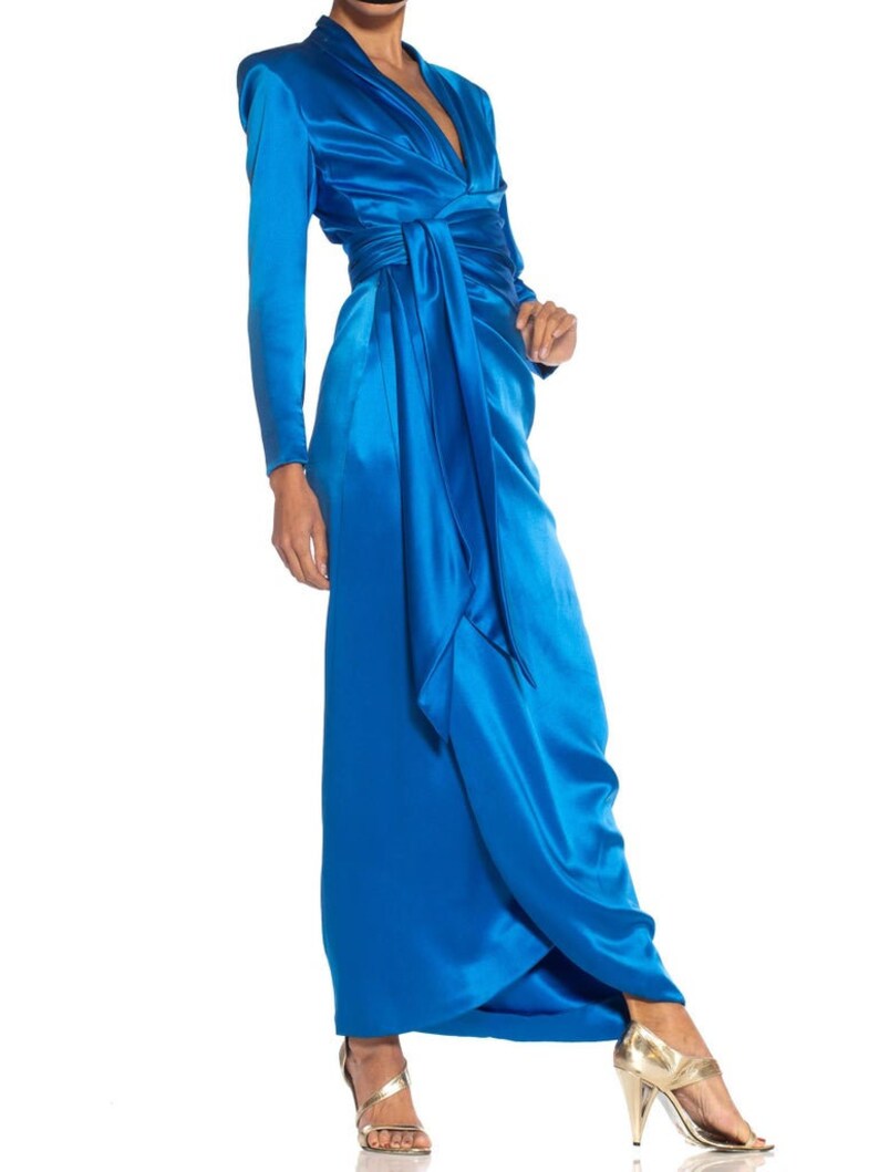 1980S Givenchy Electric Blue Haute Couture Silk Double Faced Satin Sleeved Gown With Slit Sash image 5