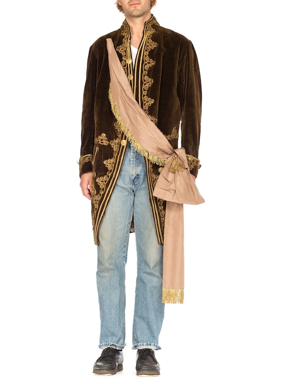 1920S Brown Velvet Men's 18Th Century Style Frock Coat With Antique Gold Metal Trim & Silk Sash XL