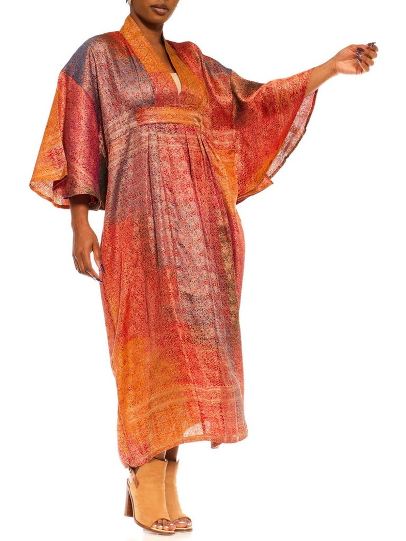 Morphew Collection Orange Yellow Multicolor Metallic Gold Silk Kaftan Made From Vintage Saris image 8