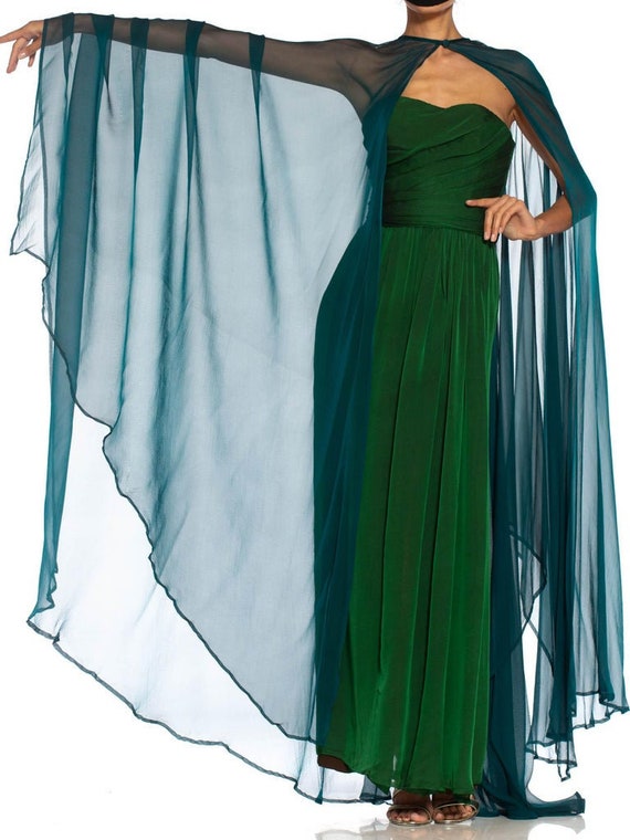 1980S Yves Saint Laurent Blue Green Haute Couture Silk Chiffon Strapless  Gown Cape - Etsy