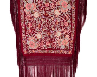 1920S Burgundy & Pink Silk Floral Embroidered Piano Shawl