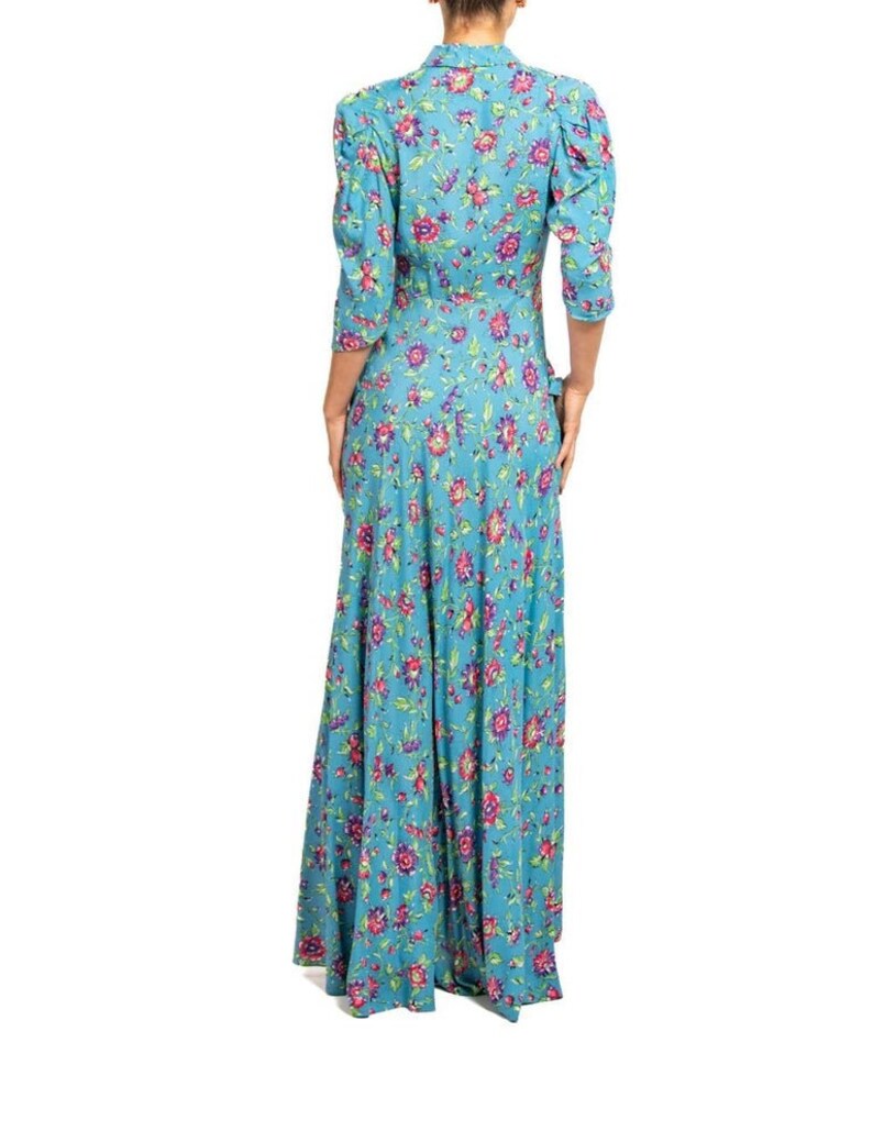 1940S Blue & Pink Floral Cold Rayon Zipper Front Dress image 8
