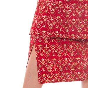 1960S Red Silk Satin Cocktail Dress Covered In Medieval Style Metallic Gold Embroidery image 6