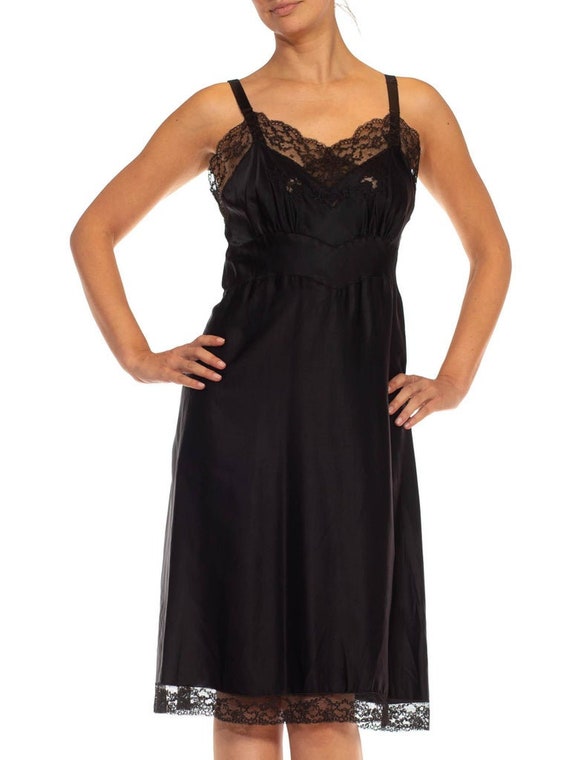 1950S Black Nylon Poly Satin & Lace Trim Slip Dre… - image 5