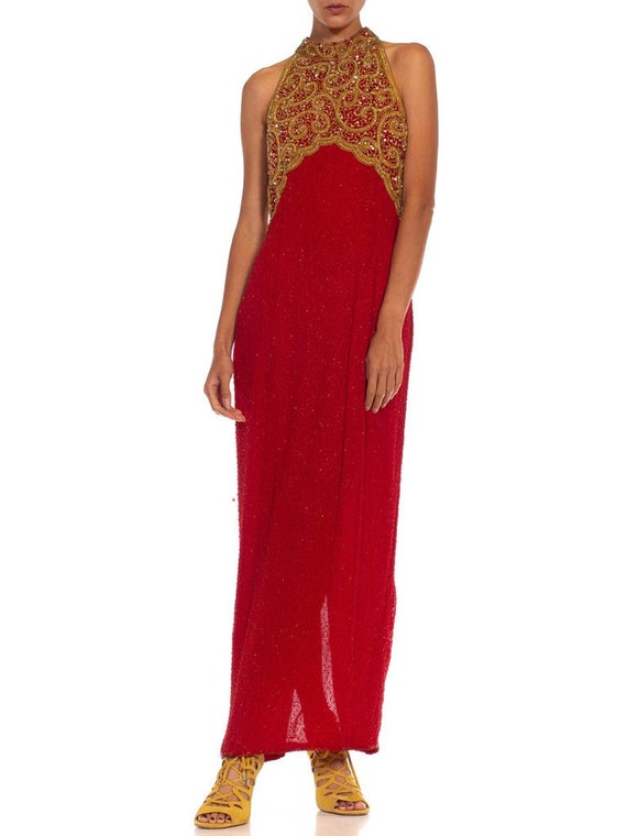 1980S Red & Gold Silk Fully Beaded Halter Gown Bo… - image 4