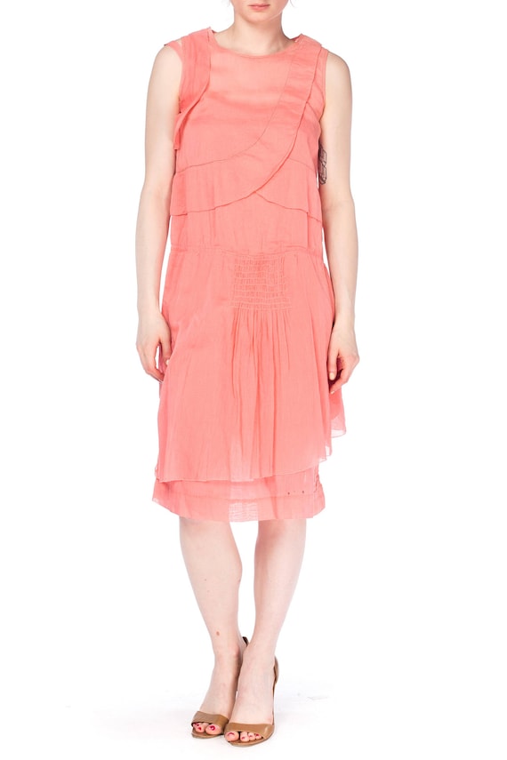 1920S Pink Cotton Ruffle Front Day Dress