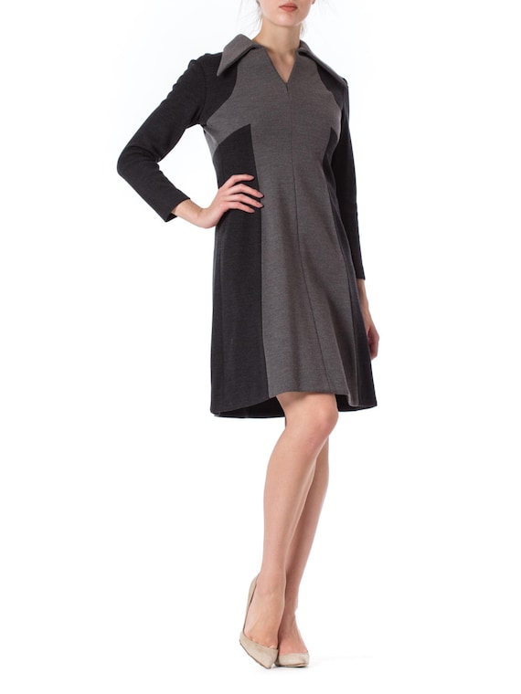 1960S Black & Grey Wool Knit Mod Long Sleeve Dress