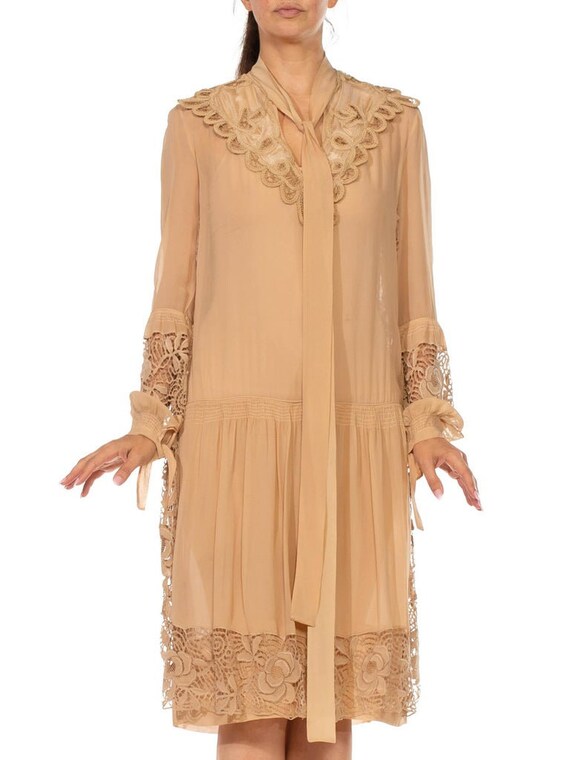 1920S Ecru Silk Chiffon  Lace Drop-Waist Flapper … - image 6