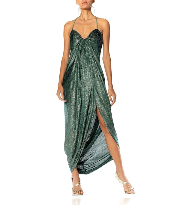 slim fit dress slacks Green Cut-Out Maxi Dress – Metallic Evening Gown with Slit By Sarvin