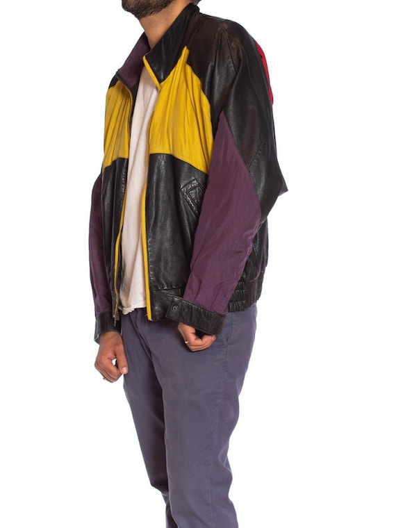 1990S Black Leather Men's Bomber Jacket With Yell… - image 6