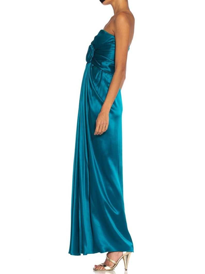 1980S Yves Saint Laurent Teal Haute Couture Silk Satin Draped Strpless Gown image 4