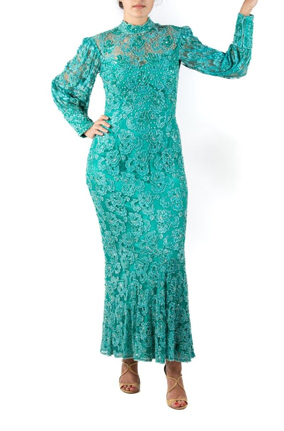 1980S Teal Beaded Rayon Lace Gown With Sleeves - image 8