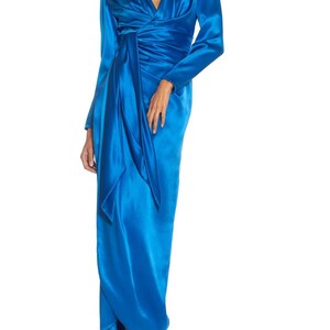 1980S Givenchy Electric Blue Haute Couture Silk Double Faced Satin Sleeved Gown With Slit Sash image 7