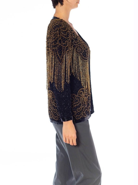 1980S Black  Gold Silk Beaded Fringe Jacket - image 3