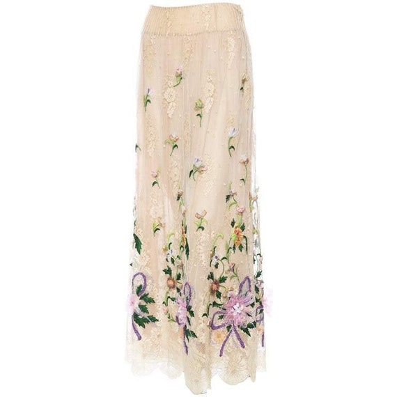 2000S VALENTINO Ecru Silk & Lace Skirt With Hand … - image 1