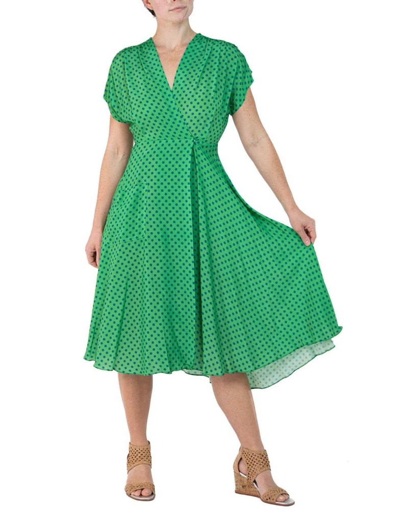 Morphew Collection Green & Blue Polka Dot Novelty Print Cold Rayon Bias Dress Master Medium image 7