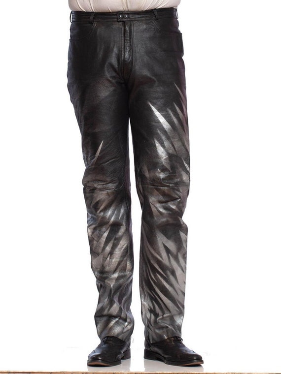 1980S Black Leather Men's Pants With Silver Metal… - image 1