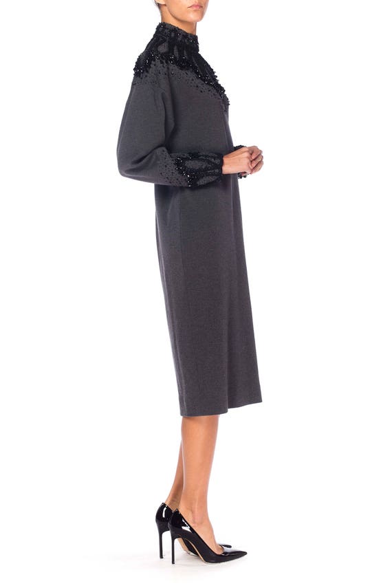 1980S Dark Grey Wool Knit Turtleneck  Dress With … - image 4