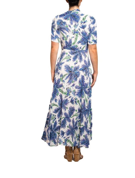 1940S Blue & White Cold Rayon Floral Print Zip-Fr… - image 5