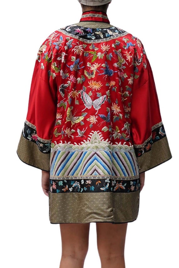 Edwardian Red Butterfly Silk Embroidered Kimono - image 6