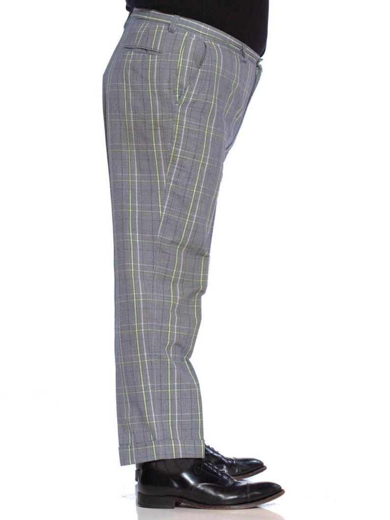 1960S Brooks Brothers Blue Grey Cotton Seersucker Men's Plaid Pants image 2