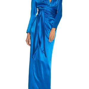 1980S Givenchy Electric Blue Haute Couture Silk Double Faced Satin Sleeved Gown With Slit Sash image 9