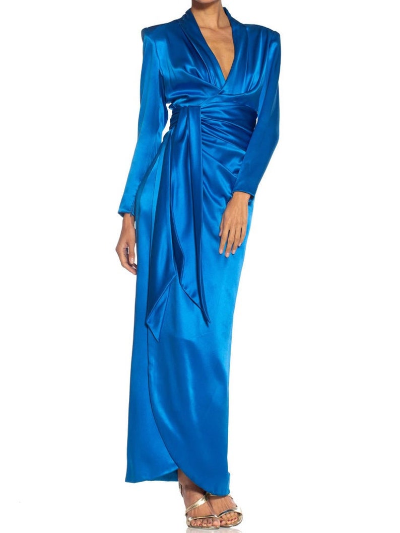 1980S Givenchy Electric Blue Haute Couture Silk Double Faced Satin Sleeved Gown With Slit Sash image 9