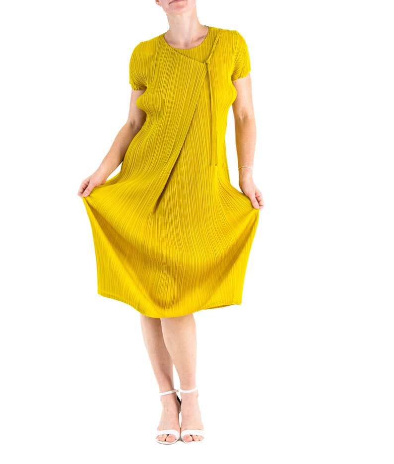 1990S Pleats Please Issey Miyake Mustard Yellow Polyester Wrap Dress image 8