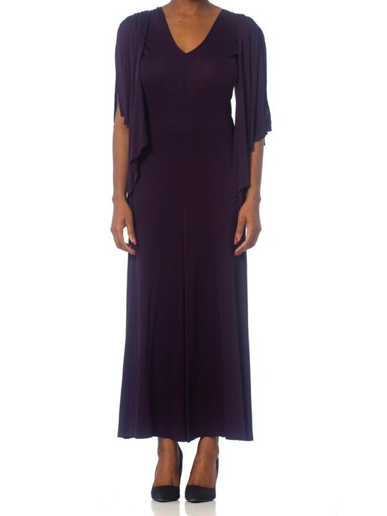 1970S SCOTT BARRIE Eggplant Purple Rayon Jersey Disco Dress image 1